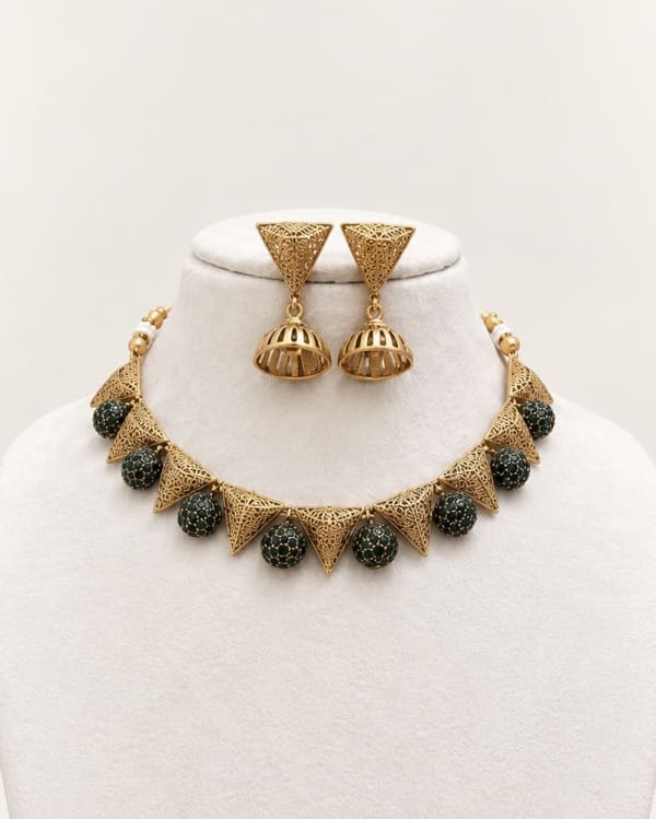 Antique Gold Filigree Green Bead Necklace & Jhumka Set - Nethiel Jewelry