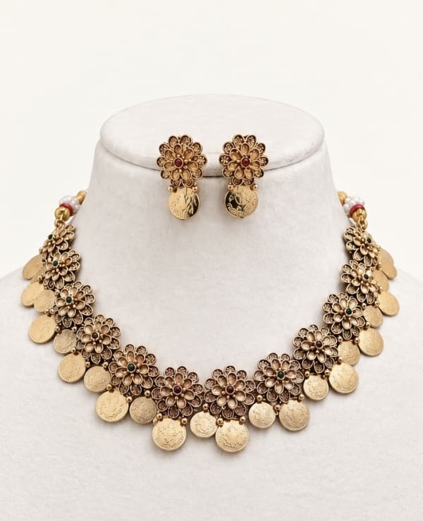 Floral Coin Necklace Set - Nethiel Jewelry