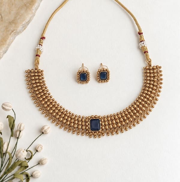 Blue Stone Beaded Choker Setπ Angle View - Nethiel Jewelry