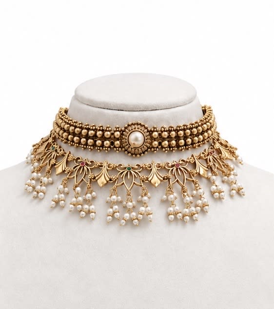 ✨ Antique Pearl Choker Combo – Royal Elegance 🤍 - Nethiel Jewelry