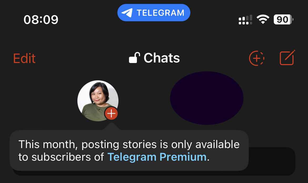 Telegram's top bar showing the usual Stories interface, with the person's avatar and a plus icon encouraging the user to add a story, but also with a note showing that the feature this month is only available to Telegram Premium subscribers.