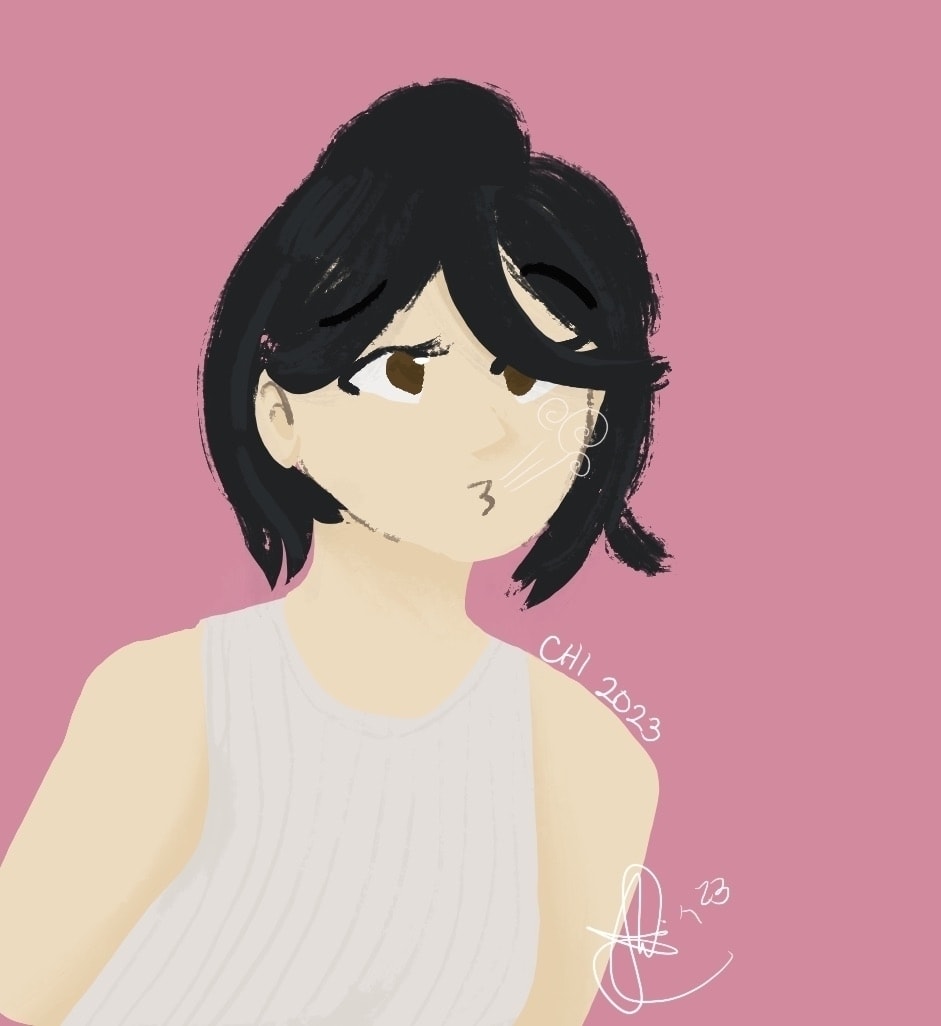 self-portrait drawing of Chi, on a pink-ish background. Her expression is shown blowing some air to push one of her bangs up because it's gotten a bit too long and goes in front of her eyes or face.