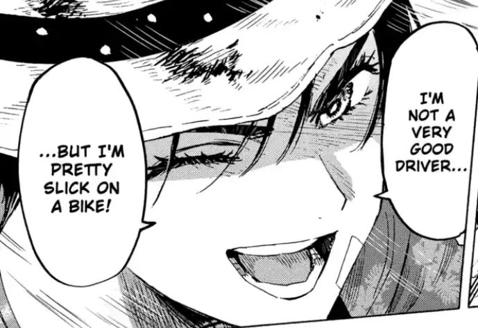 Snippet from the manga MARRIAGETOXIN Chapter 58 where Chinatsu winks and smiles to someone else (off-frame) and tells them, “I'm not a very good driver... ...but I'm pretty slick on a bike!“