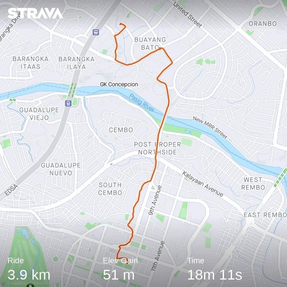 Strava ride of Chi's rainy bike to work. Her ride was 3.9 kilometers long, with an elevation gain of 51 meters. The ride took a total of 18 minutes and 11 seconds.