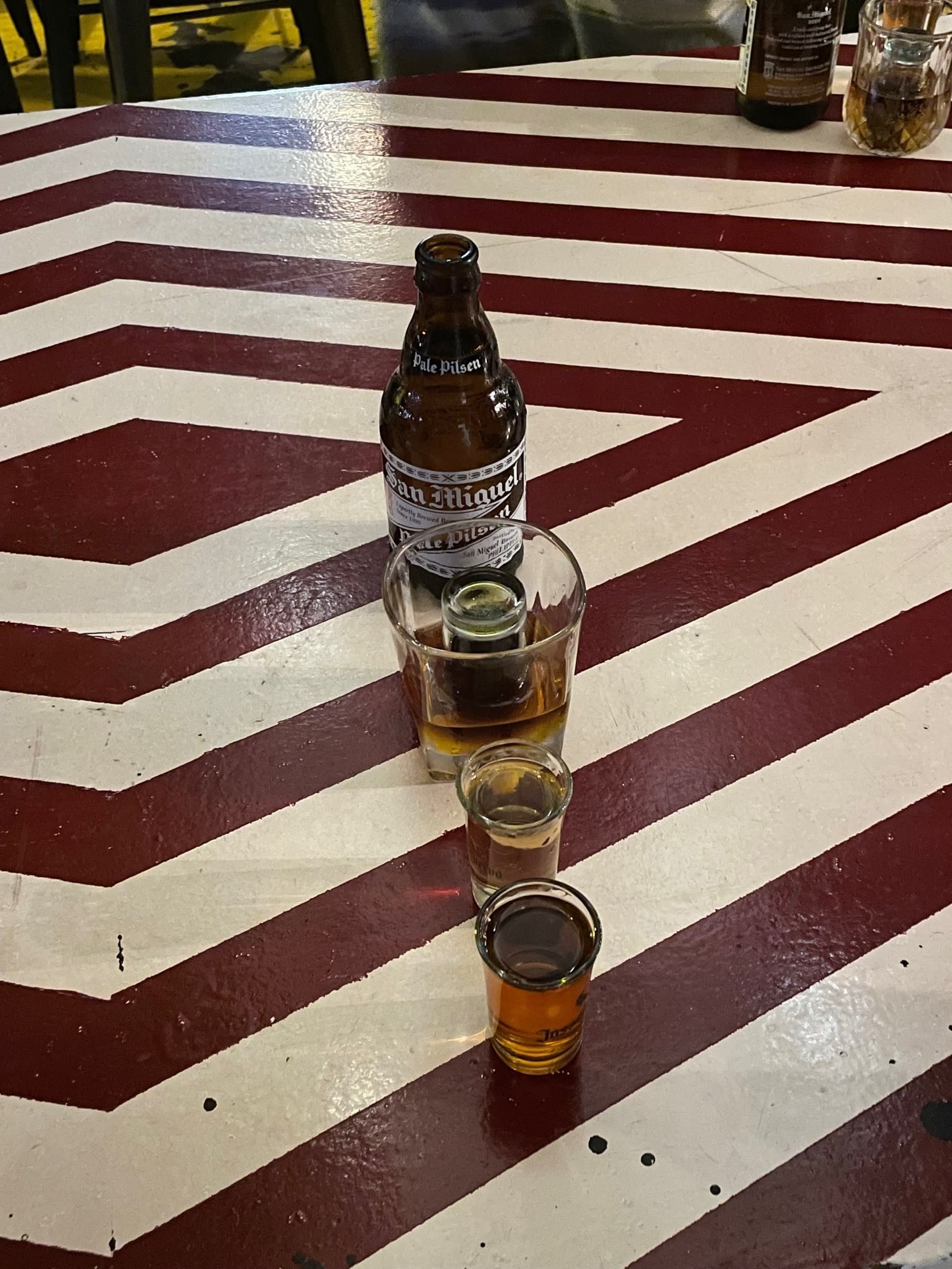 4 different alcoholic drinks lined up, from top to bottom: a bottle of beer, a Jägerbomb, a Tequila shot, and a rum shot.