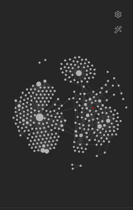 Screenshot of Chi's Obsidian Vault graph, showing the nodes clumping up together to seemingly form the landmasses one could see on a globe. One node is highlighted red because that's the note Chi currently has opened.