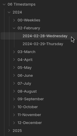 Screenshot of the contents of Chi’s Obsidian vault folder named “06 Timestamps”, which has a subfolder for 2024 and 2025, and another subfolder dedicated to each month starting “02-February”. The cursor is highlighting the file named “2024-02-28-Wednesday”.