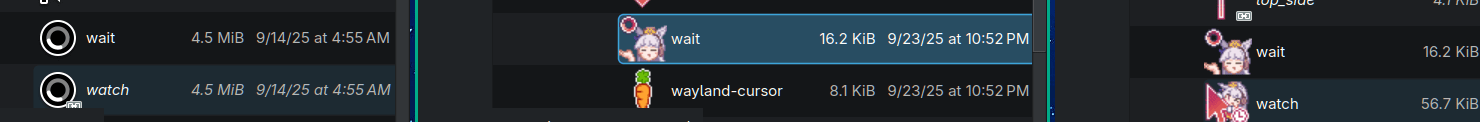Three file explorer views showing cursor files: left shows Adwaita’s “wait” and “watch” cursors that look identical, middle shows the Gold Ship “wait” cursor, and right shows the Gold Ship final mapping where “wait” and “watch” are different cursors.