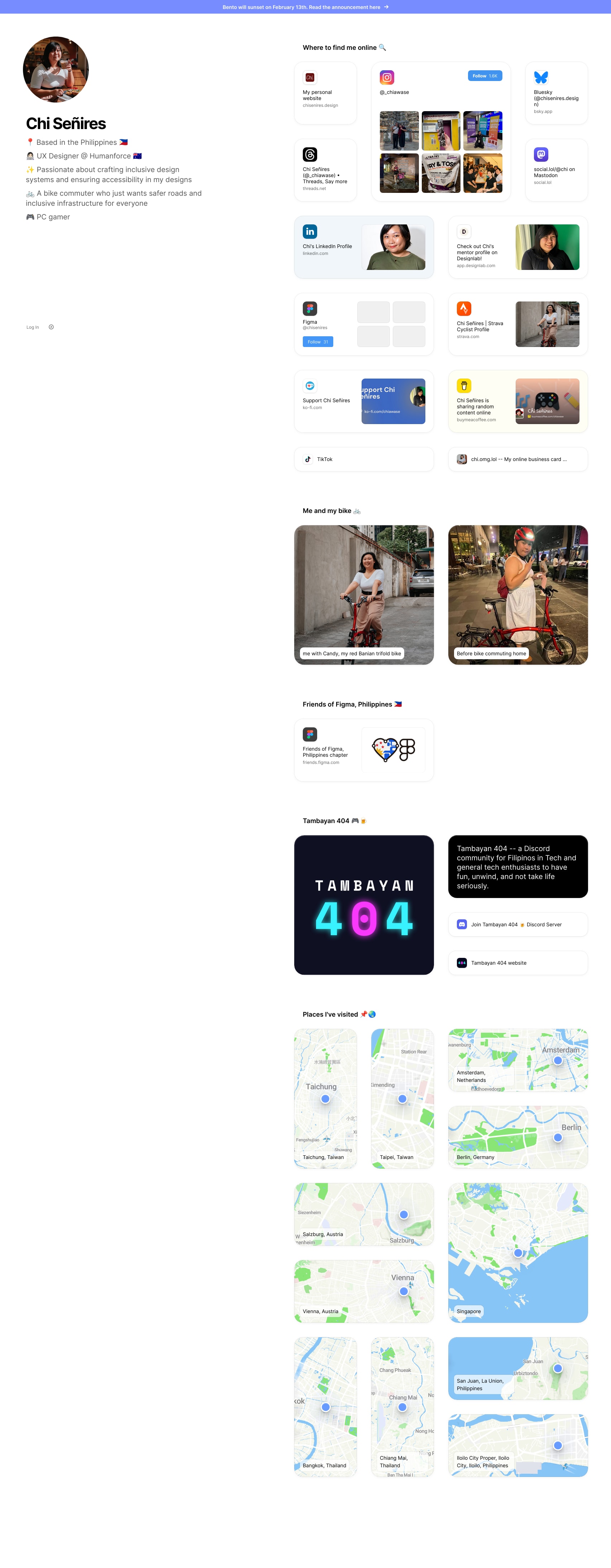 Screenshot of Chi’s full Bento page, viewed on a desktop device. Her photo and bio are set to the left side, while the various Bento cards and widgets are laid out on the right side, containing her various social media links, a feature of her with her old bike, a link to the communities she moderates, which are Friends of Figma Philippines and Tambayan 404, and a map grid of places she’s visited.