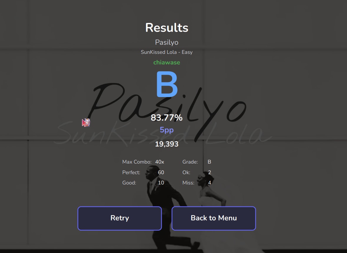 Screenshot of Chi’s results for playing Pasilyo by SunKissed Lola - Easy beatmap. Her grade is a B, with 83.77% accuracy and 5pp, with 19,393 points. Max combo 40x, 60 perfects, 10 goods, 2 OK, 4 misses.
