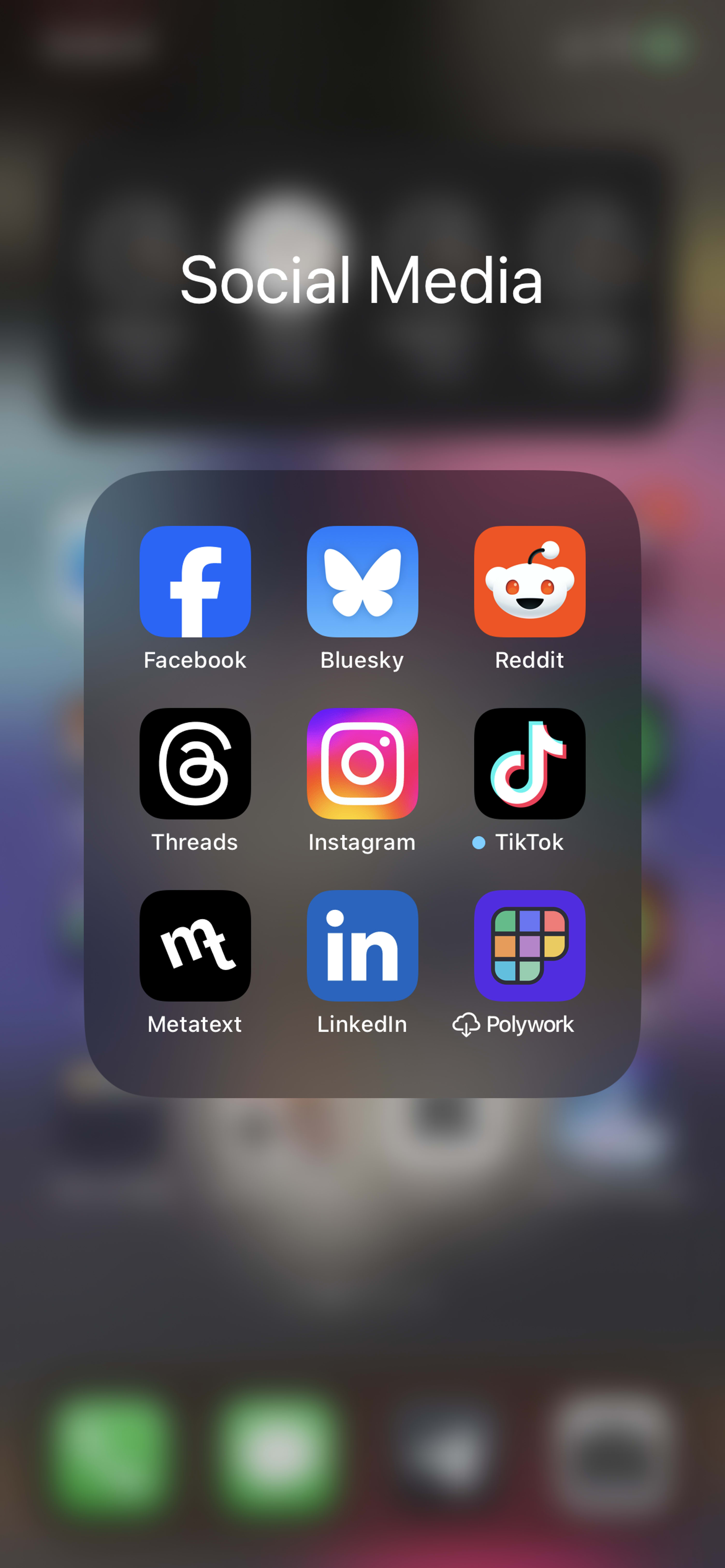 Screenshot of Chi’s group of app icons labeled “Social Media”, with the following apps shown in a 3 by 3 grid, from top to bottom, left to right: Facebook, BlueSky, Reddit, Threads, Instagram, TikTok, Metatext, LinkedIn, and Polywork.