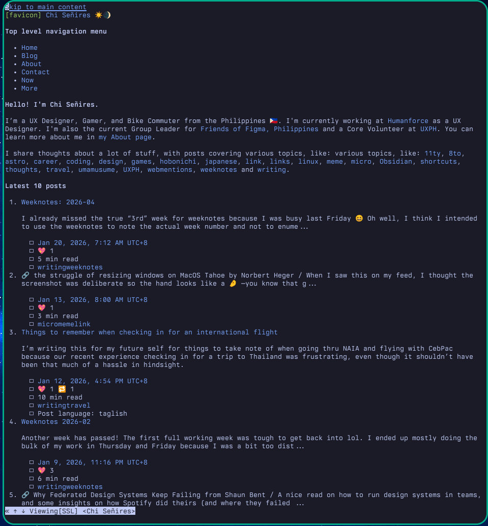 Screenshot of Chi’s terminal showing the text-based version of the home page of her personal website