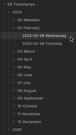Screenshot of the contents of Chi’s Obsidian vault folder named “06 Timestamps”, which has a subfolder for 2024 and 2025, and another subfolder dedicated to each month starting “02-February”. The cursor is highlighting the file named “2024-02-28-Wednesday”.