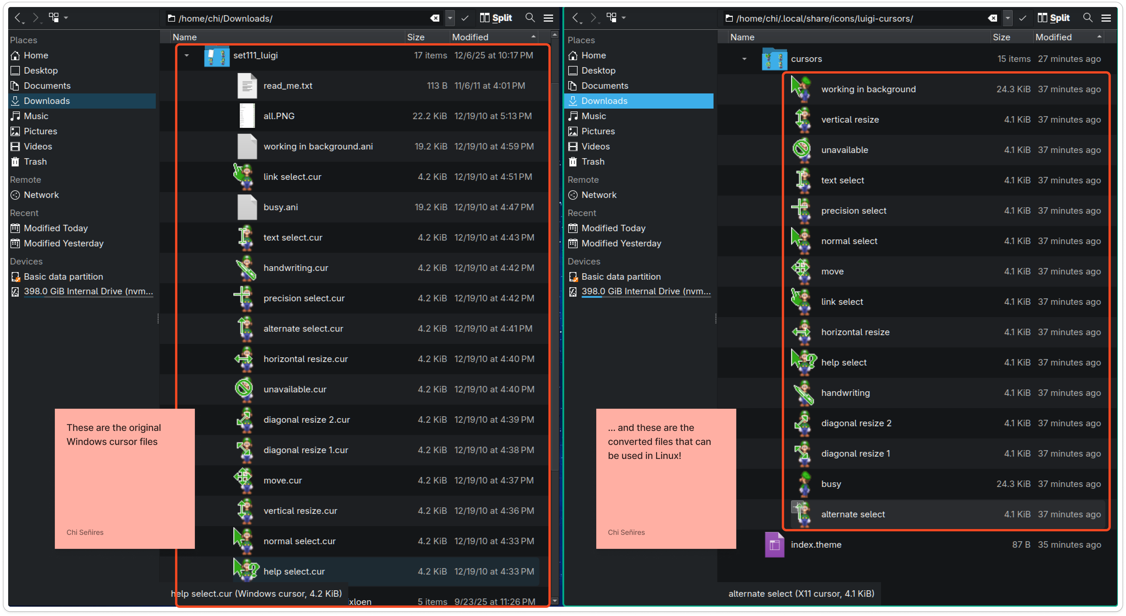 Screenshot of Chi’s desktop showing two window explorers side-by-side, with annotations on the contents of the left window as the Windows cursor files and the contents of the right window are the converted Linux cursor files.
