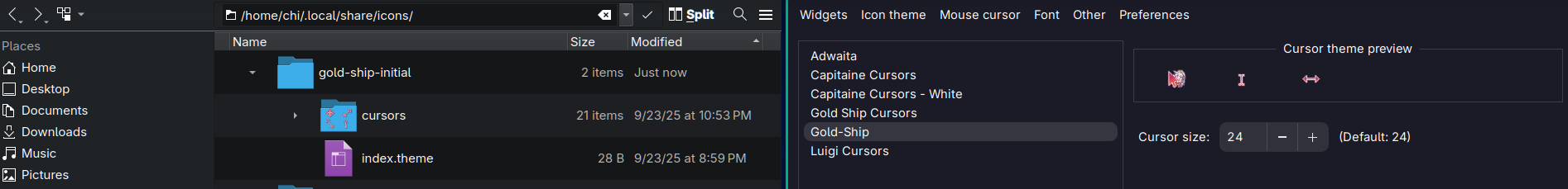 Cropped screenshot of a file explorer on the left showing a folder named “gold-ship-initial” with another folder named “cursors” and an index.theme file, and the GTK Settings on the right with the mouse cursor tab active. In the settings, the highlighted item in the list is labeled “Gold-Ship”, with a cursor theme preview to its right.