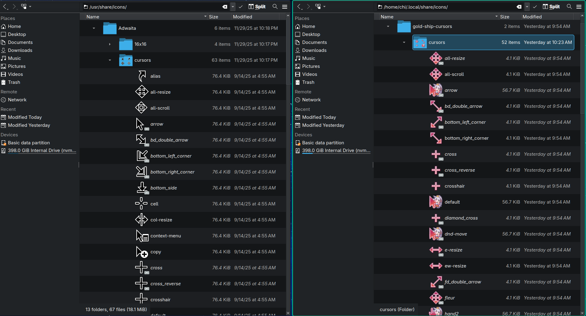 Screenshot of Chi’s Linux desktop with two file explorers side by side. The left side is showing the contents of the Adwaita cursors folder contents, while the right side is showing the gold-ship-cursors contents. Some of the files have the same names.
