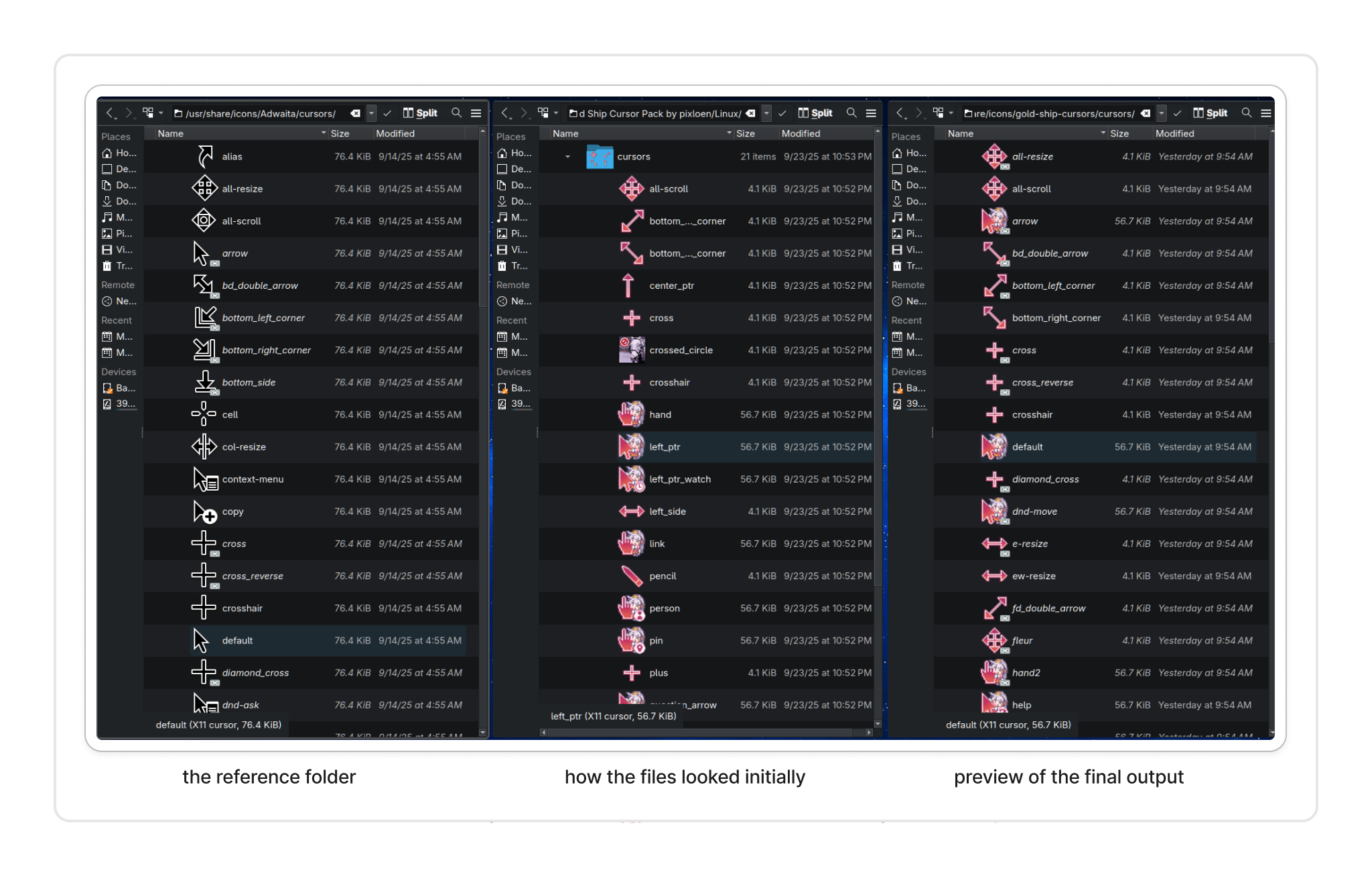 3 side-by-side file folders showing the Adwaita cursors as the reference folder, the Gold Ship cursor pack based on how it looked initially after exporting, and the cleaned up Gold Ship cursor files as a preview of the final output that works as the cursor set used in Chi’s Linux setup.
