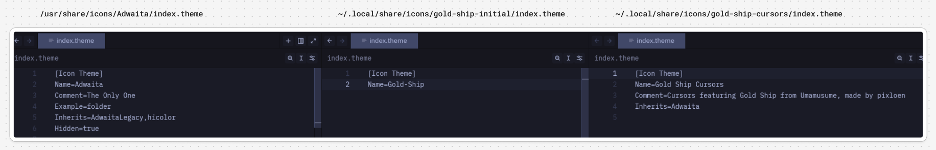 Three index.theme files side-by-side: left shows Adwaita cursor theme configuration, middle shows Gold Ship initial theme with Name=Gold-Ship, right shows Gold Ship Cursors final theme with Inherits=Adwaita.