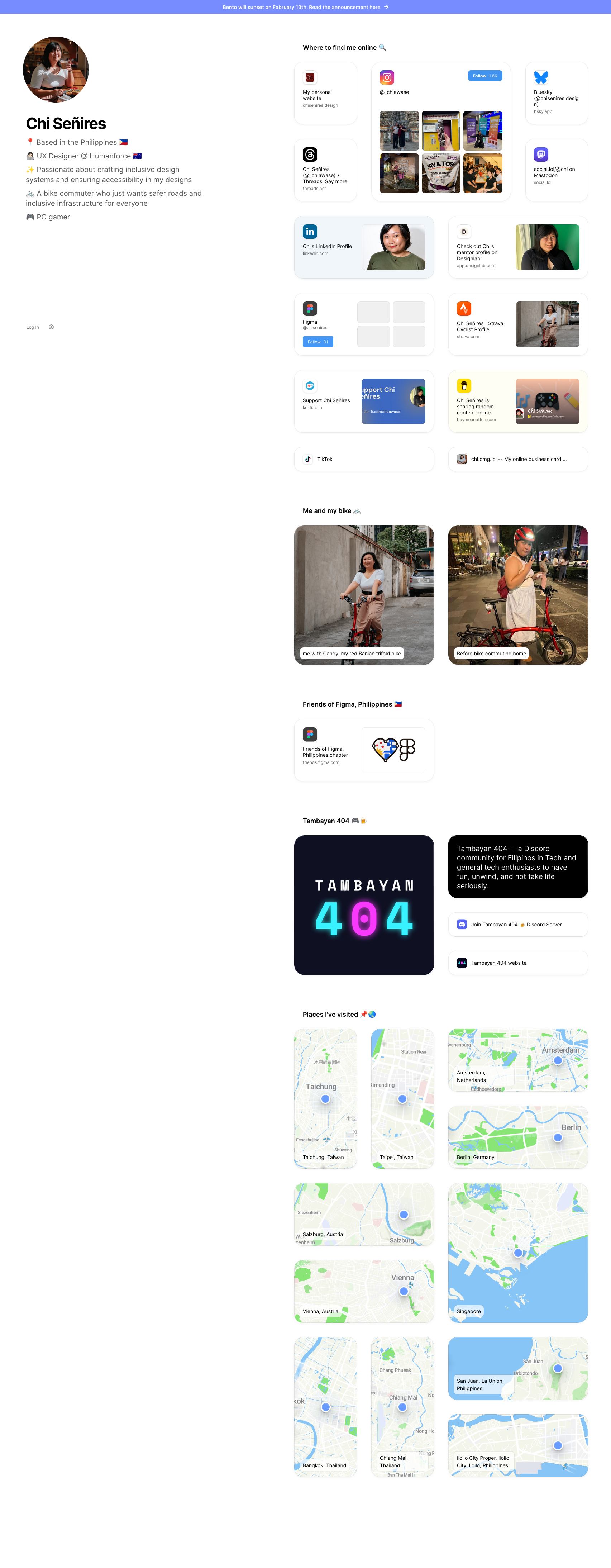 Screenshot of Chi’s full Bento page, viewed on a desktop device. Her photo and bio are set to the left side, while the various Bento cards and widgets are laid out on the right side, containing her various social media links, a feature of her with her old bike, a link to the communities she moderates, which are Friends of Figma Philippines and Tambayan 404, and a map grid of places she’s visited.