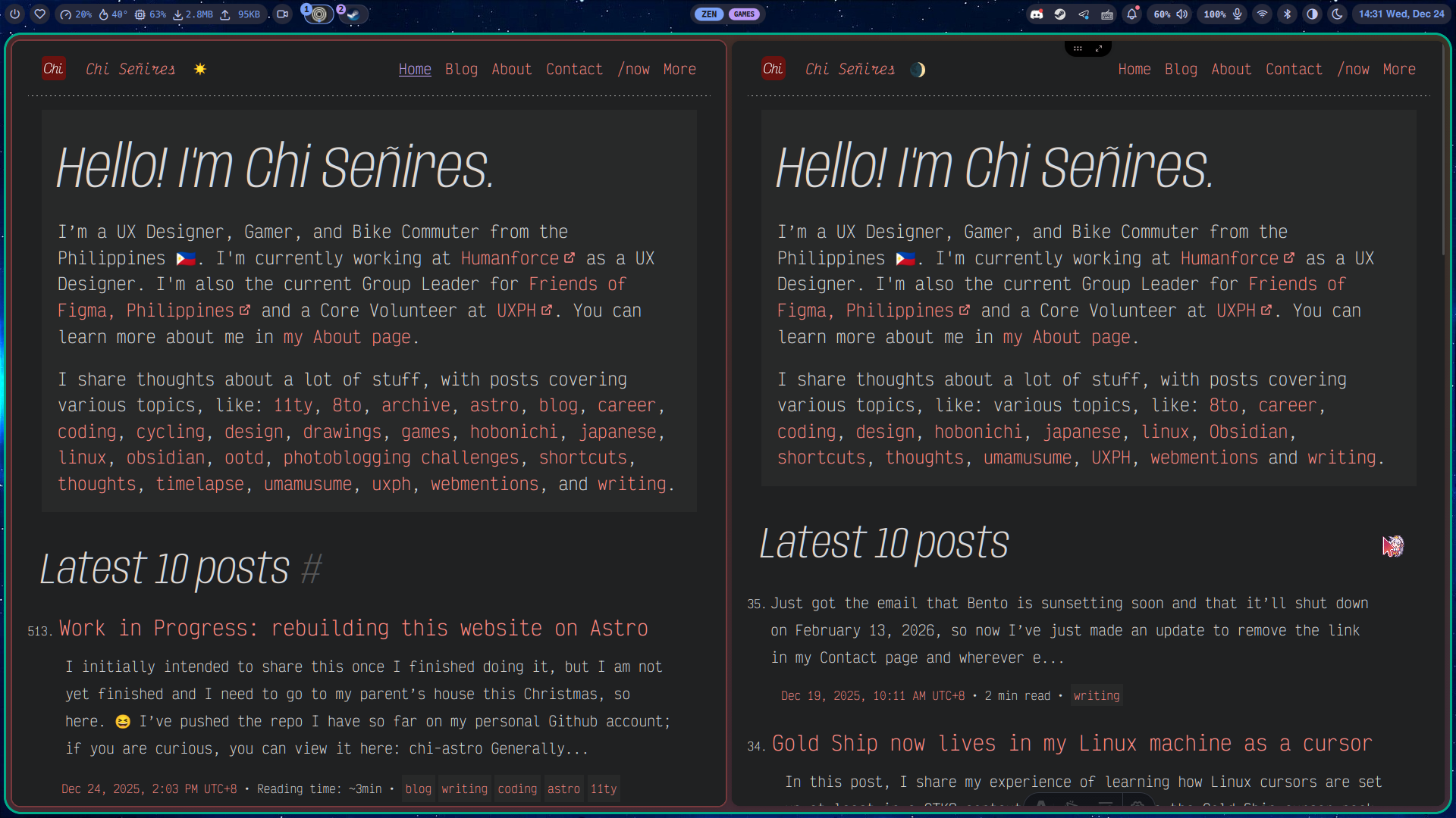 Screenshot of Chi’s personal website, the left being the render in Eleventy, while the right is built with Astro.