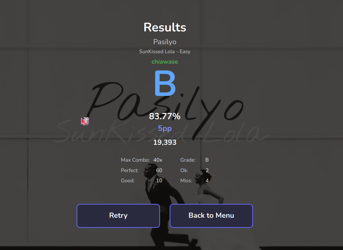Screenshot of Chi’s results for playing Pasilyo by SunKissed Lola - Easy beatmap. Her grade is a B, with 83.77% accuracy and 5pp, with 19,393 points. Max combo 40x, 60 perfects, 10 goods, 2 OK, 4 misses.