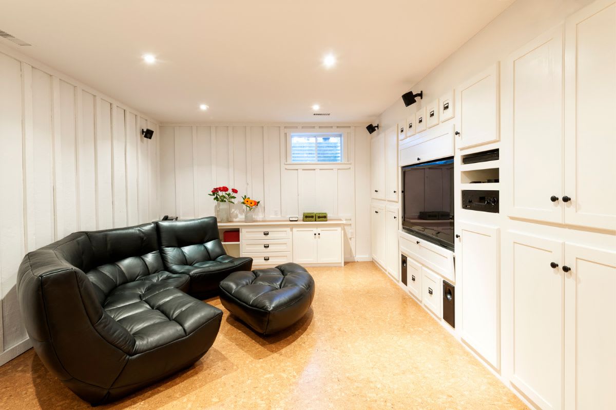 small living room in the basement