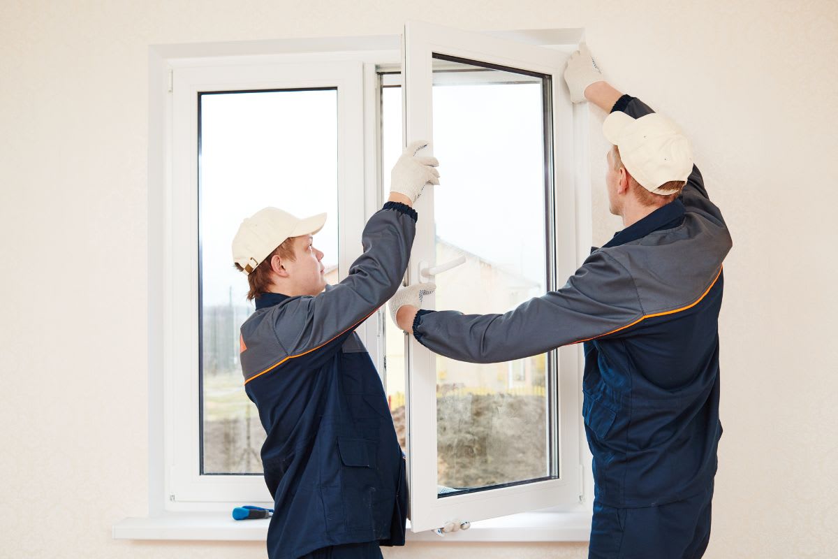 Two workers in uniforms and gloves installing a double-pane window in a residential building.