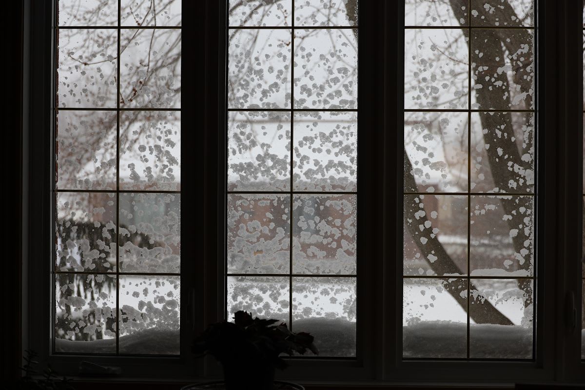 A large window with snow and ice patches on the glass overlooks a snowy yard with bare trees visible outside, prompting the question: is it ok to replace windows in the winter for better insulation?.