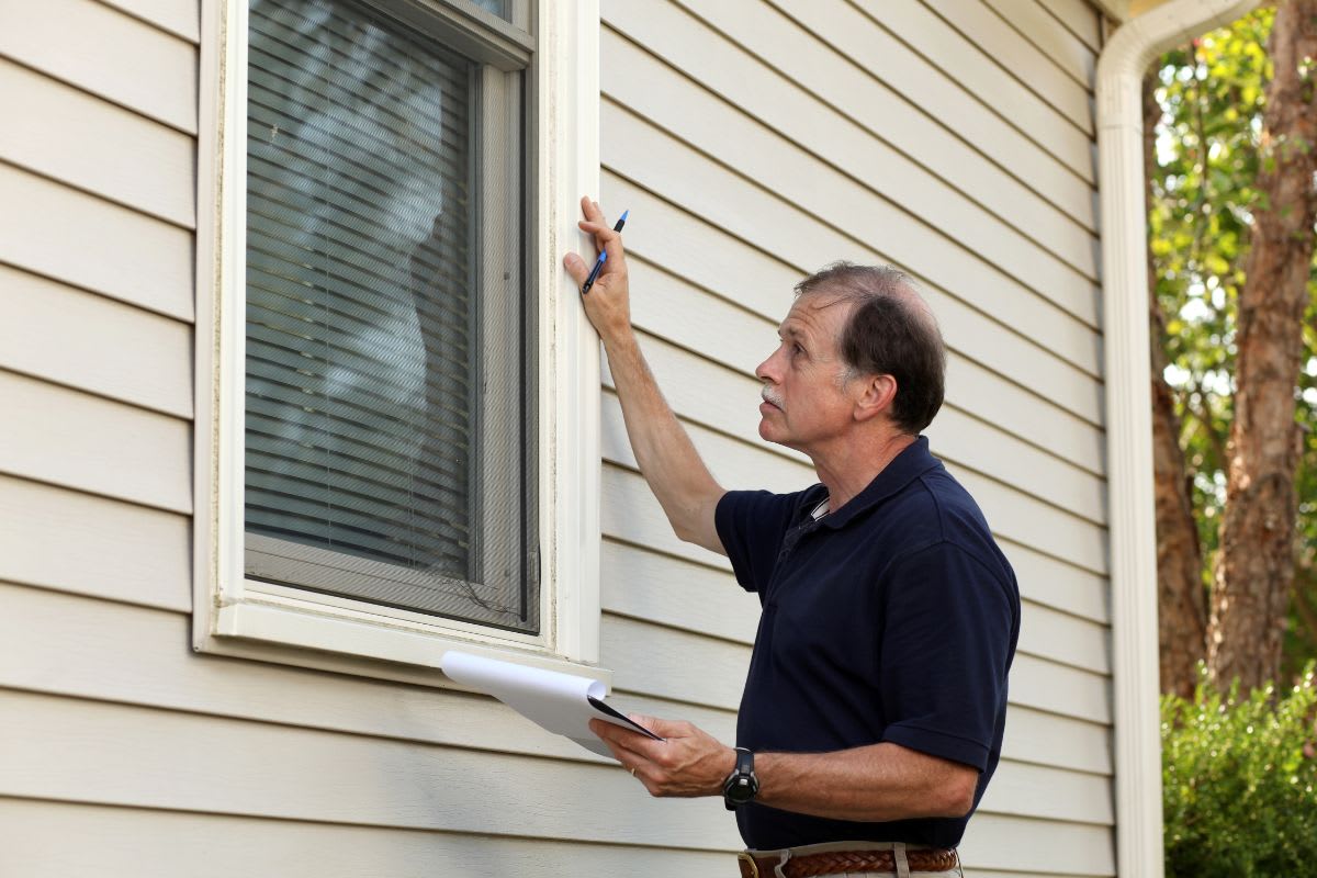 A man in a navy shirt inspects the exterior of a house, writing notes on a clipboard while examining a window and considering the differences between single hung vs double hung windows.