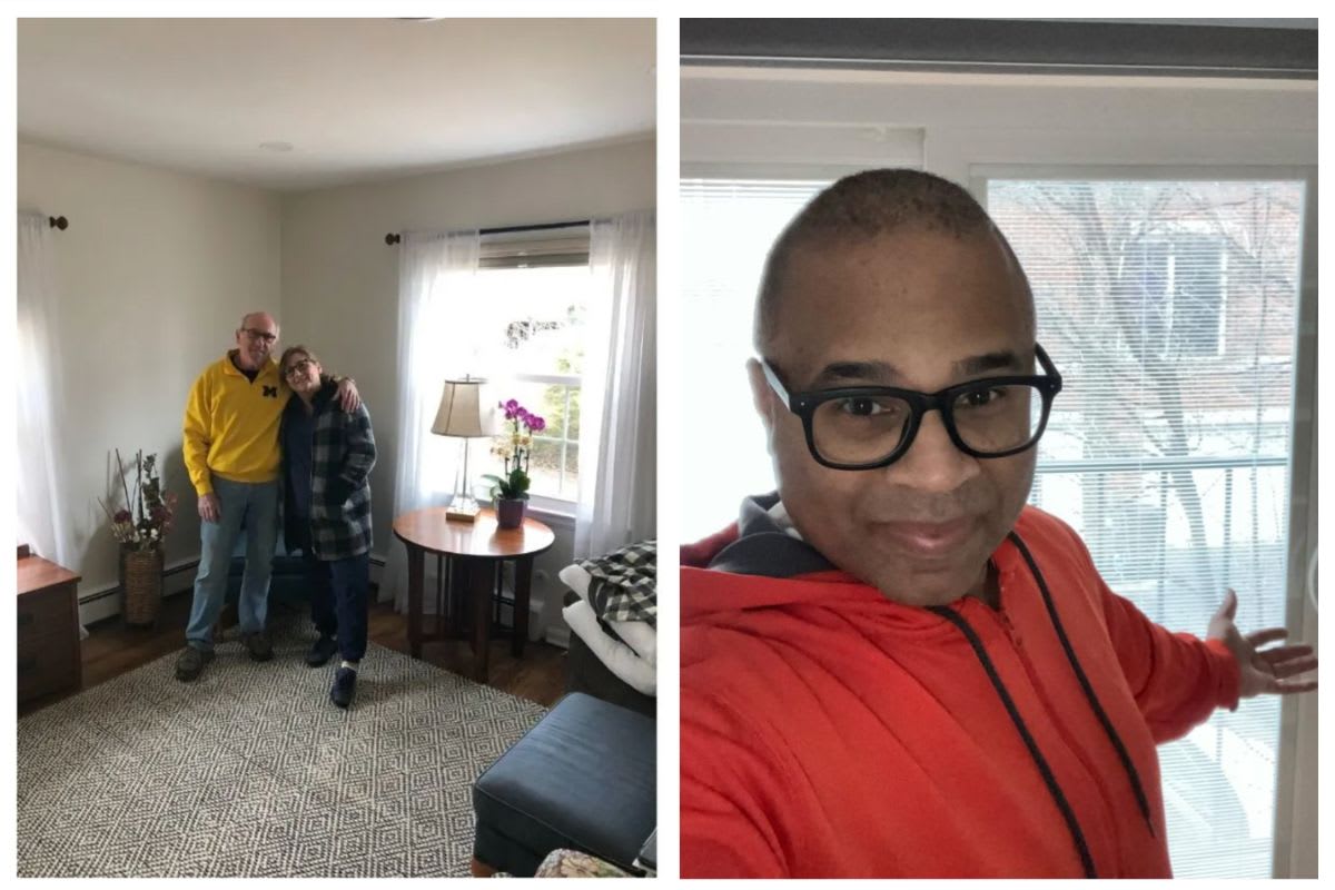 Two photos side by side: On the left, two people stand in a room with a rug and window. On the right, someone in glasses and an orange sweatshirt poses near a window, perhaps pondering today's game score.