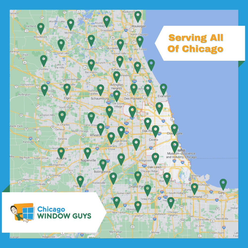 A map of the Chicago area with green location markers indicating service areas for Chicago Window Guys. Text reads "Serving All Of Chicago.
