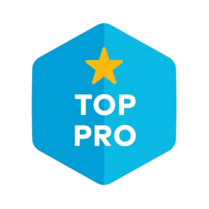 Blue hexagon badge with a yellow star above the words "TOP PRO" in white capital letters.