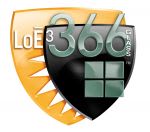 Two overlapping shield-shaped logos; the back one is orange and says "LoE³," while the front one is black and says "366 GLASS" with a four-pane window graphic.