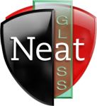 Logo with a black and red shield design displaying the word "Neat" and a vertical glass pane with the word "GLASS" written vertically.