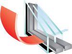 Diagram showing a cross-section of insulated glass windows with double panes separated by a spacer and a red arrow indicating insulation or energy efficiency.
