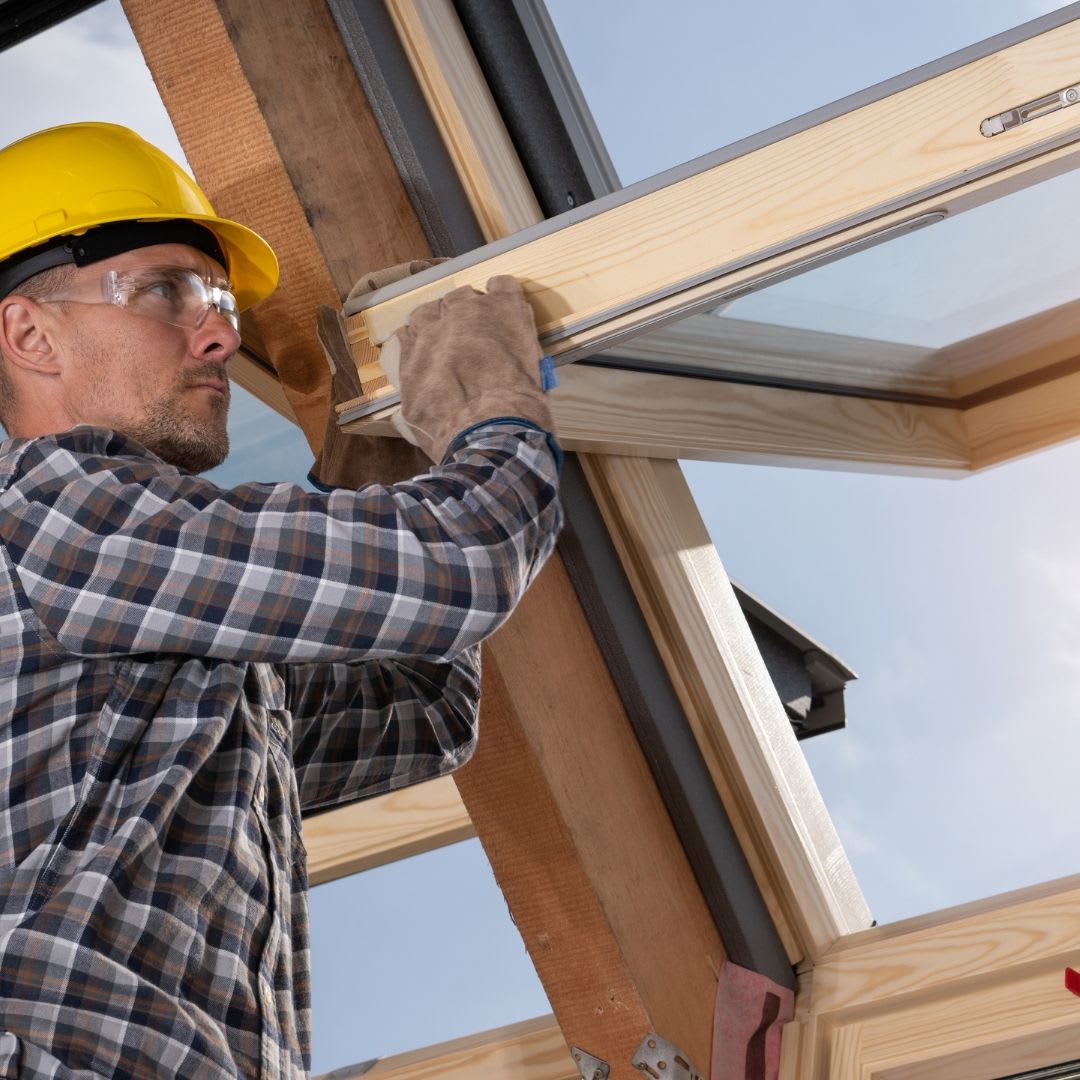 A construction worker wearing a yellow hard hat and safety glasses performs an awning window installation, fitting a wooden frame in a building under construction.