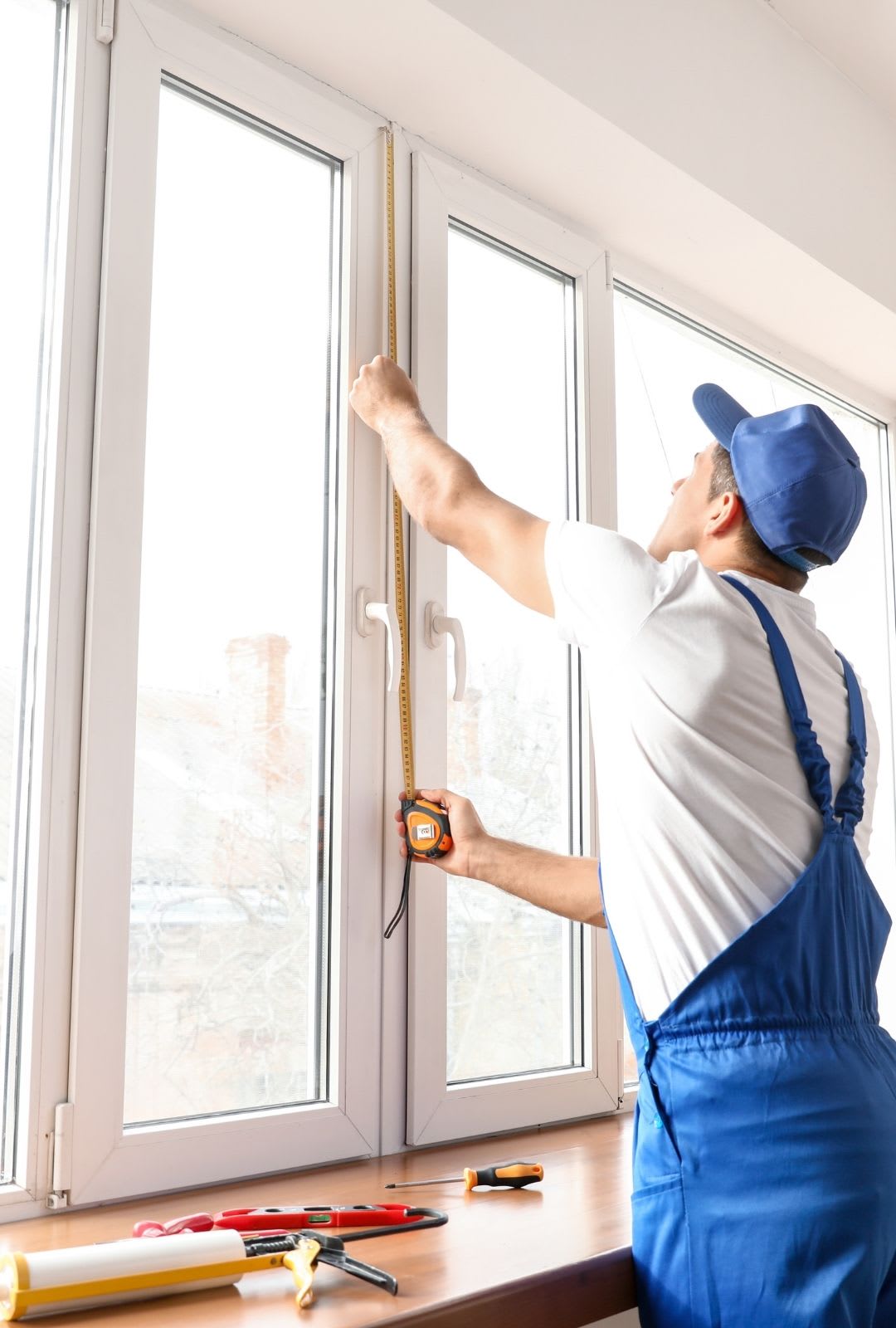 A worker in blue overalls and cap measures the height of a window frame with a measuring tape, preparing for casement window installation. Tools are placed on the windowsill.