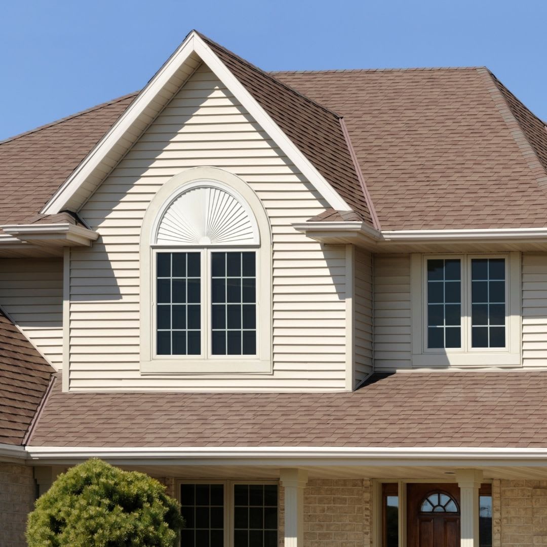A two-story house with beige siding, a brown shingle roof, custom architectural windows—both arched and rectangular—and part of a tree visible in the lower corner.