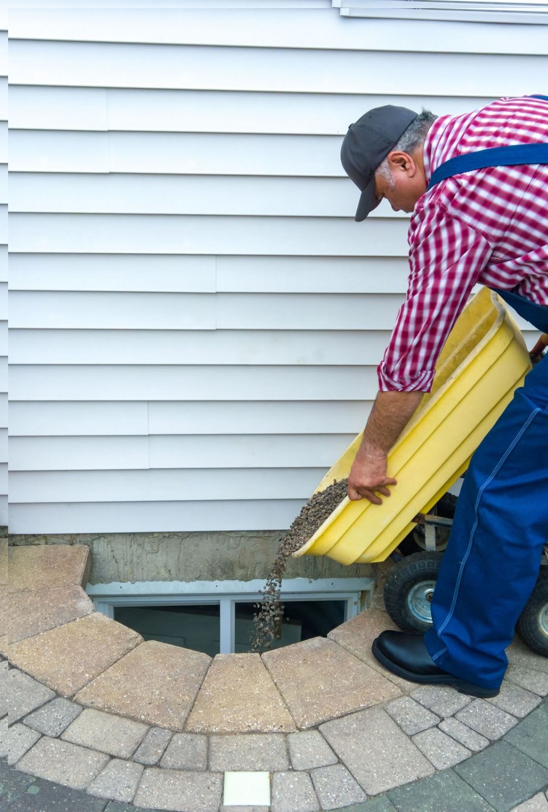 A man in a red plaid shirt pours gravel from a yellow container into a window well outside a house with white siding during an egress window installation.
