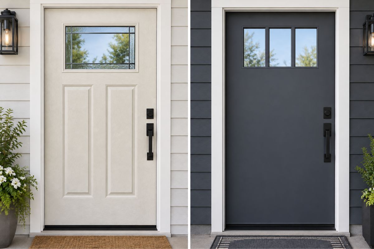 Side-by-side comparison of two front doors: a beige door with one window and a black door with three windows, both with black handles and modern siding.