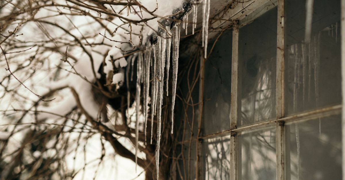 Icicles hang from the edge of a snow-covered roof above a window, with bare tree branches nearby.