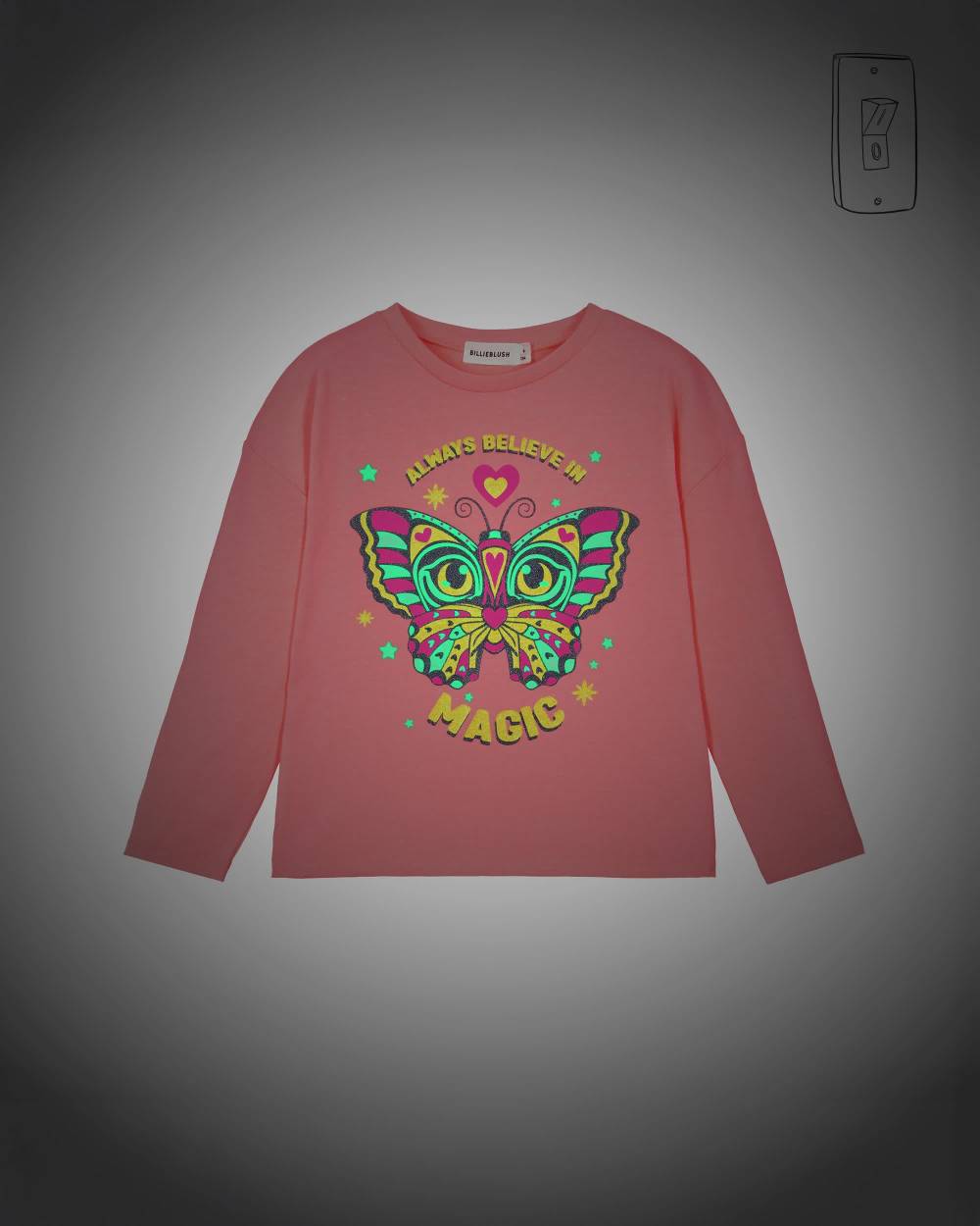 Billieblush-Girls Neon Coral Pink Jersey Glow-In-The-Dark Butterfly Top | Childrensalon