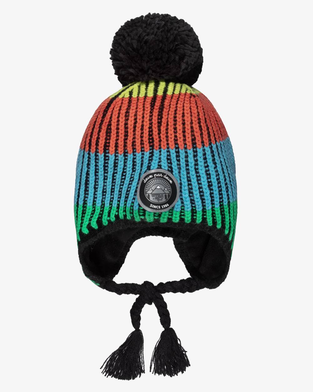 Deux par Deux-Boys Black Knitted Pom-Pom Hat with Colourful Stripes | Childrensalon
