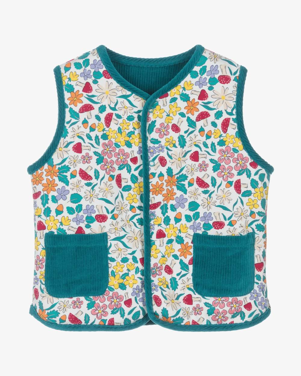 Frugi-Girls Blue Corduroy & Floral Patterned Reversible Waistcoat | Childrensalon