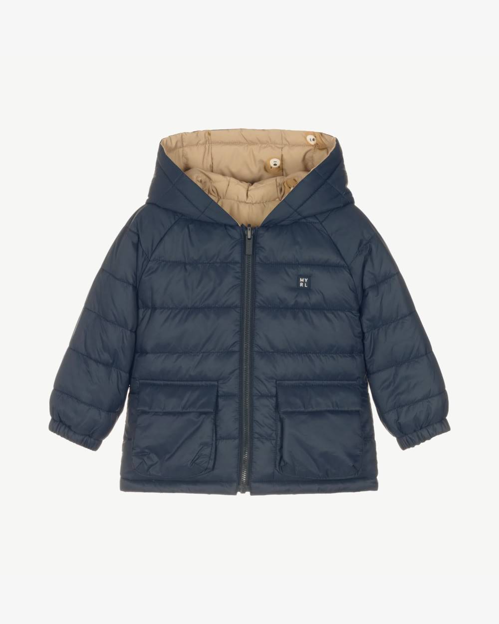 Mayoral-Boys Blue & Beige Reversible Hooded Jacket with Teddy Bears | Childrensalon