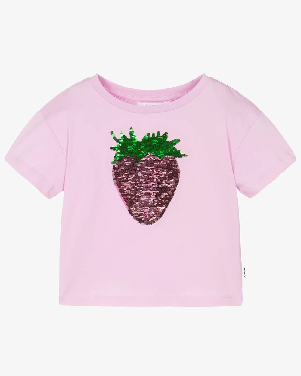 Molo-Girls Pink Reversible Sequin Strawberry Cotton T-Shirt | Childrensalon