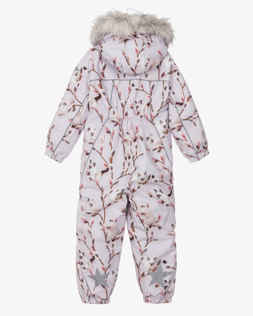 Molo-Lilac Purple Hooded Snowsuit with Kitten Print | Childrensalon