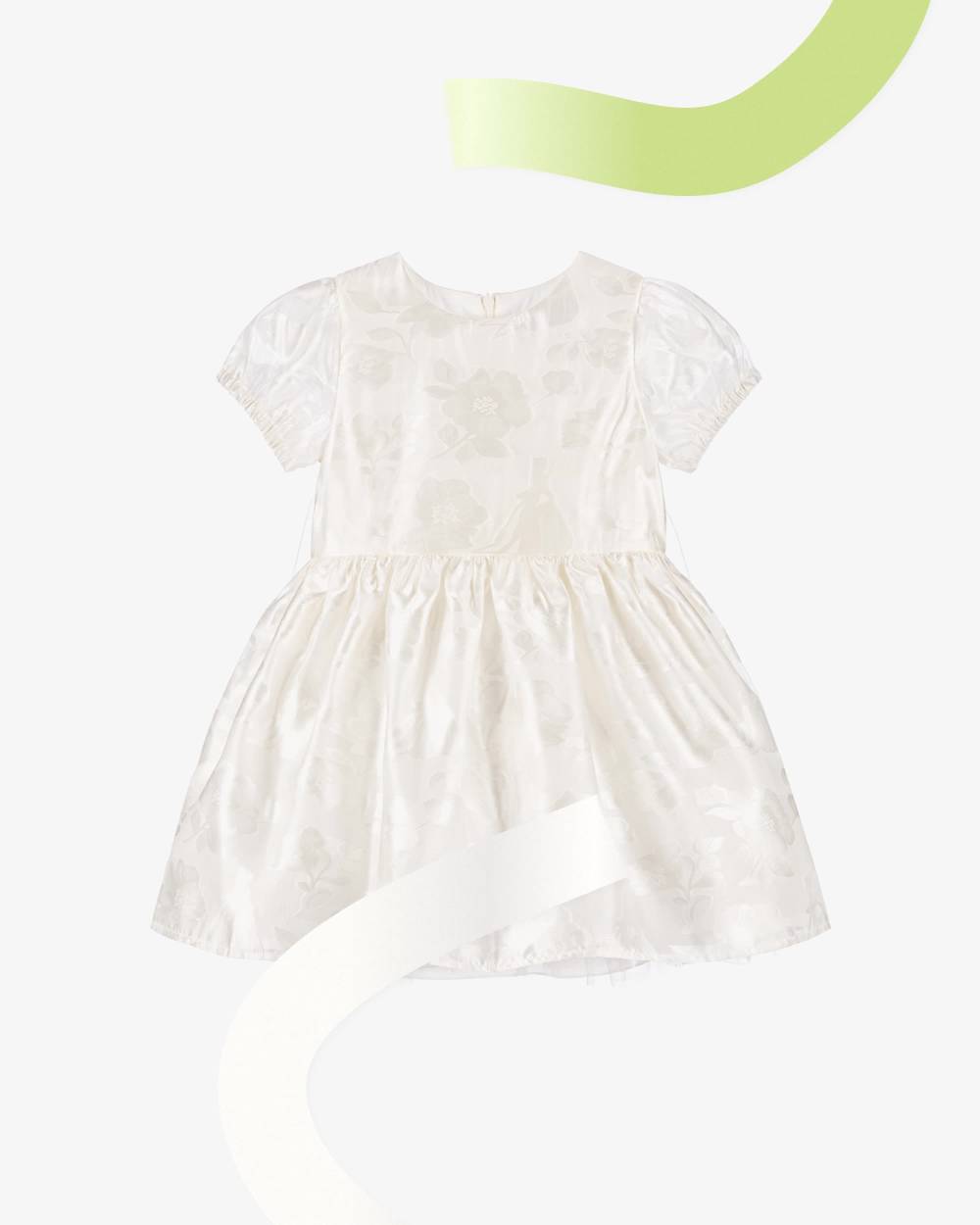 Rachel Riley-Girls Ivory Organza Jacquard Dress & Green Sash | Childrensalon