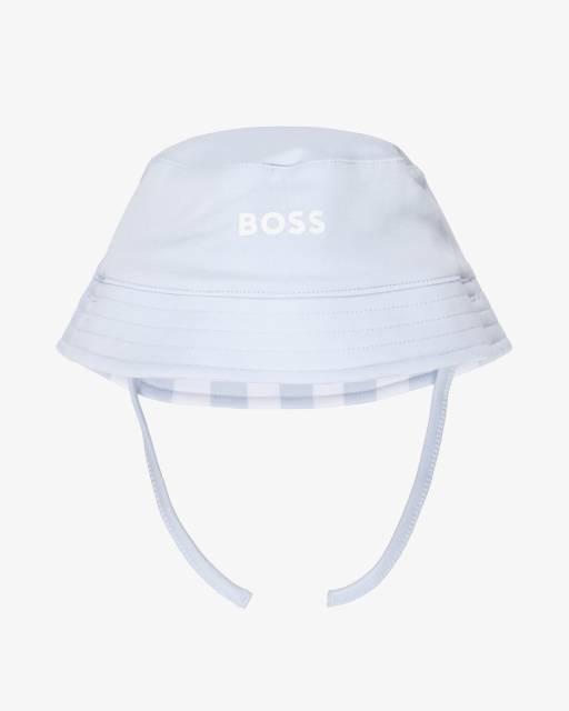 BOSS-Baby Boys Blue & White Stripe Cotton Reversible Logo Sun Hat | Childrensalon