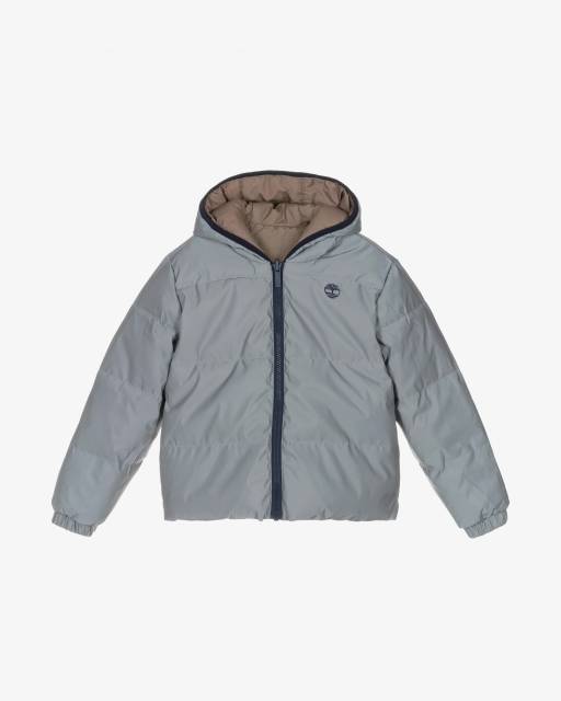 Timberland-جاكيت منفوخ بوجهين لون بيج وفضي للأولاد | Childrensalon